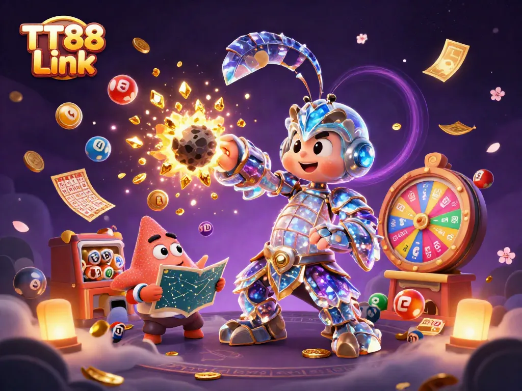 Experience thrilling adventures with TT88 Link through vibrant casino-themed elements in a dynamic 3D scene.