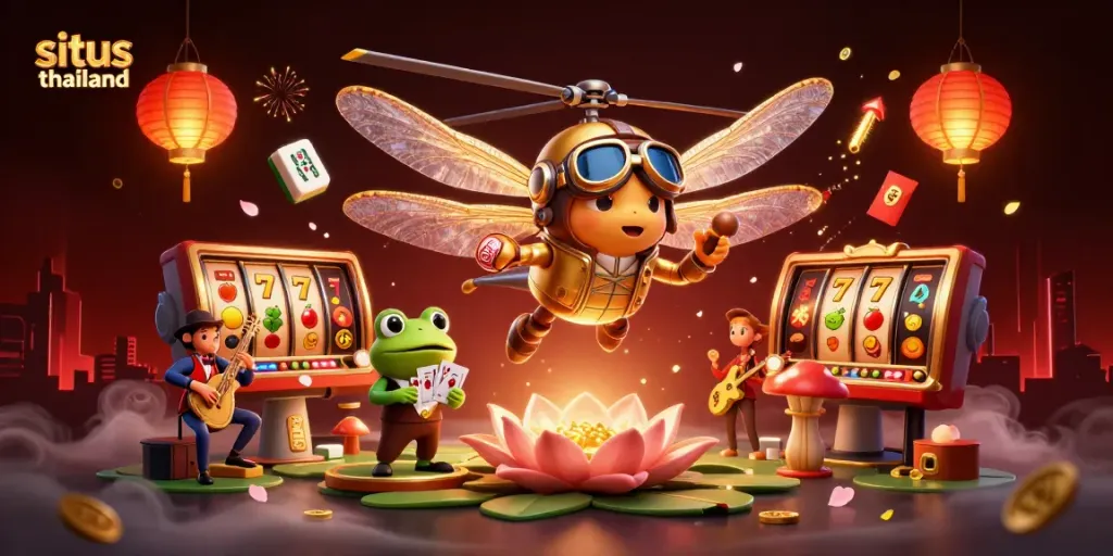 Engage in thrilling games at situs thailand with an animated dragonfly pilot and frog croupier.