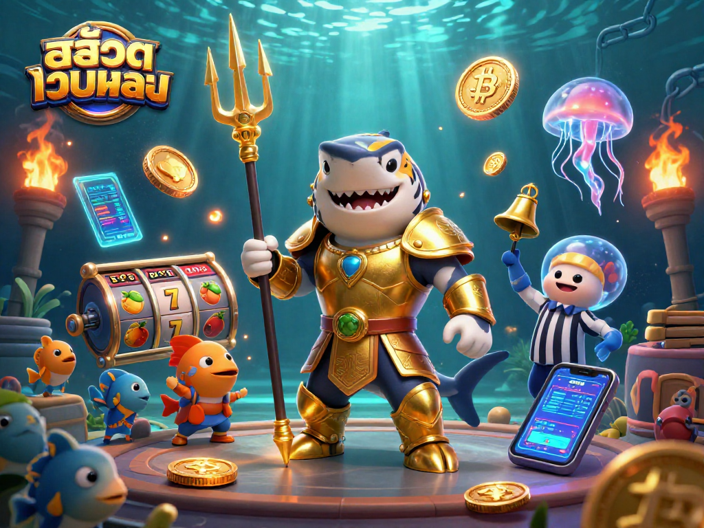Experience exciting สล็อตเว็บตรง gaming with thrilling slot elements and an epic underwater battle scene.
