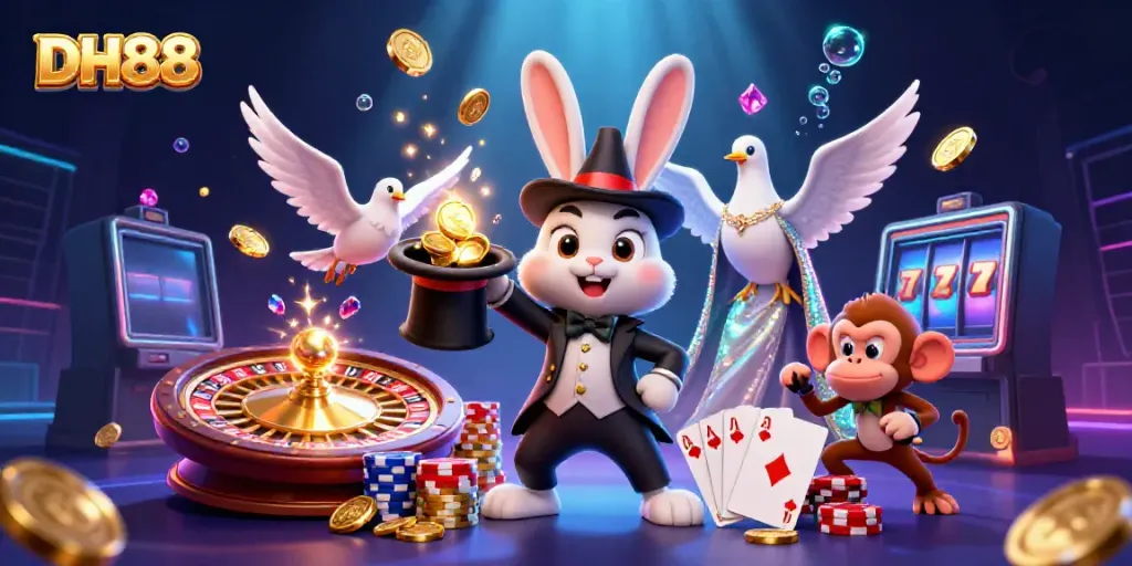 Experience the magic of DH88 with a colorful illustration of a magician rabbit and friends amidst casino treasures.