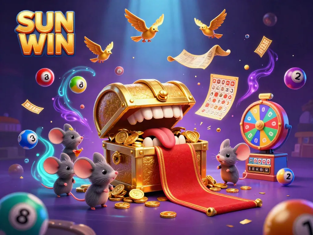 Experience the excitement of SUN WIN with riches and vibrant games in this illustrated casino scene.