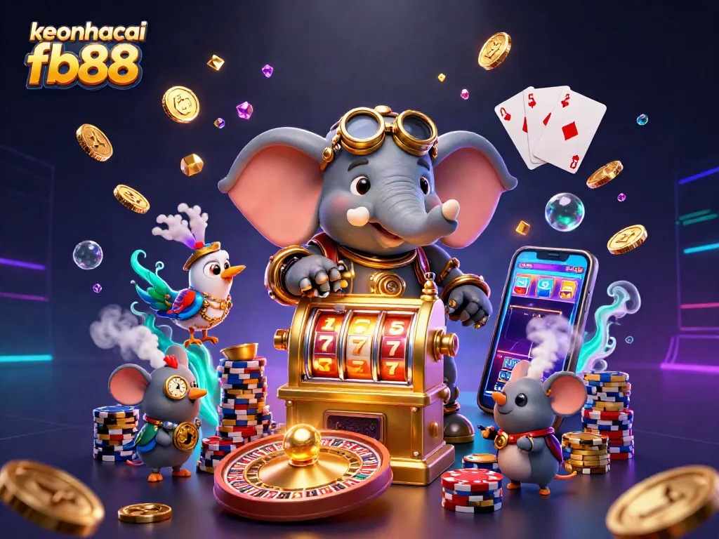 Win big with keonhacai fb88 featuring a steampunk-themed 3D casino scene filled with slots and vibrant game elements.