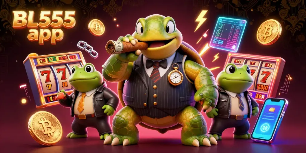 Experience the thrilling BL555 app with a vibrant 3D casino scene showcasing characters and elements.