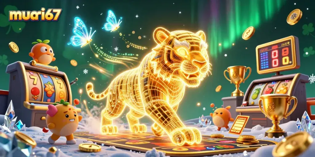 Experience the vibrant energy of murai67's casino scene with golden tigers and jackpot symbols.