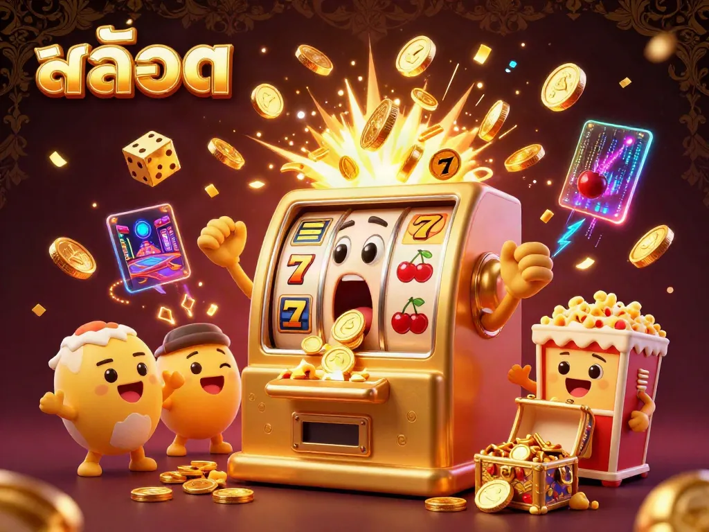 Spin the สล็อต jackpot with a golden slot machine, coins bursting from its mouth in a festive casino scene.