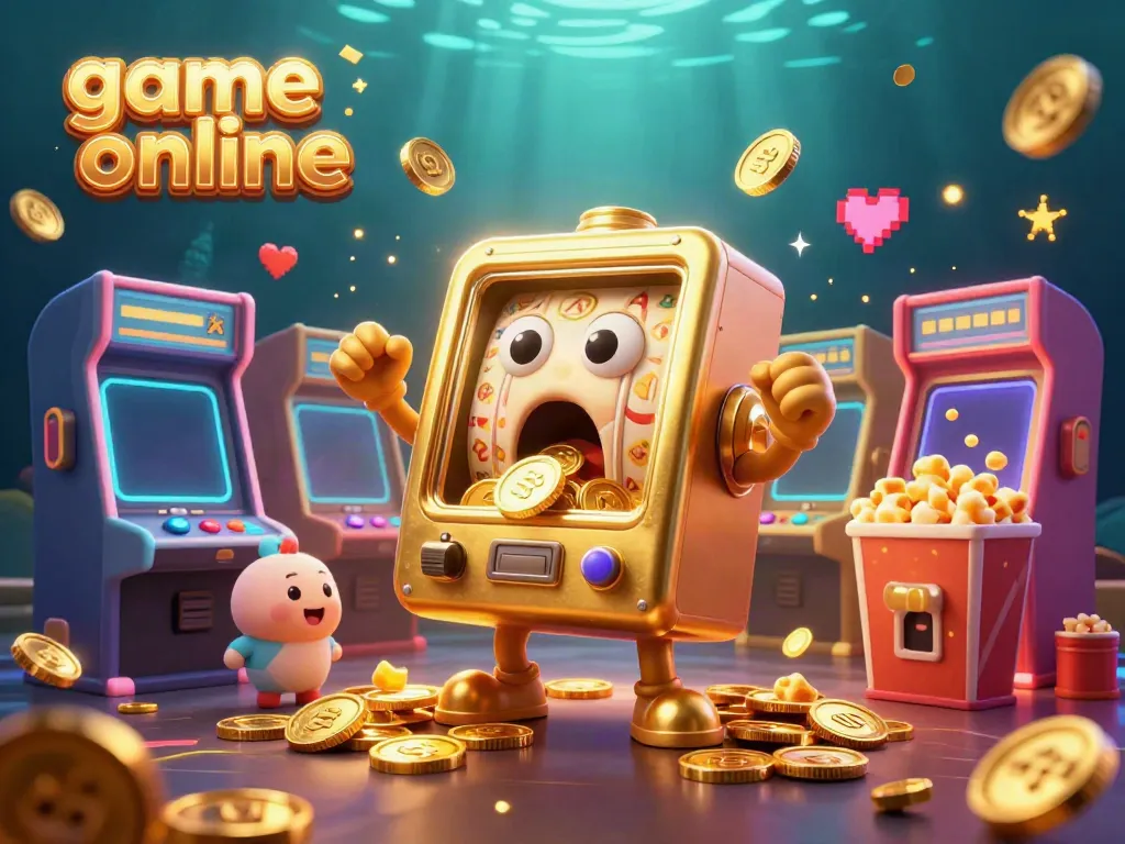 Play engaging game online with an animated slot machine winning big in a colorful casino scene.