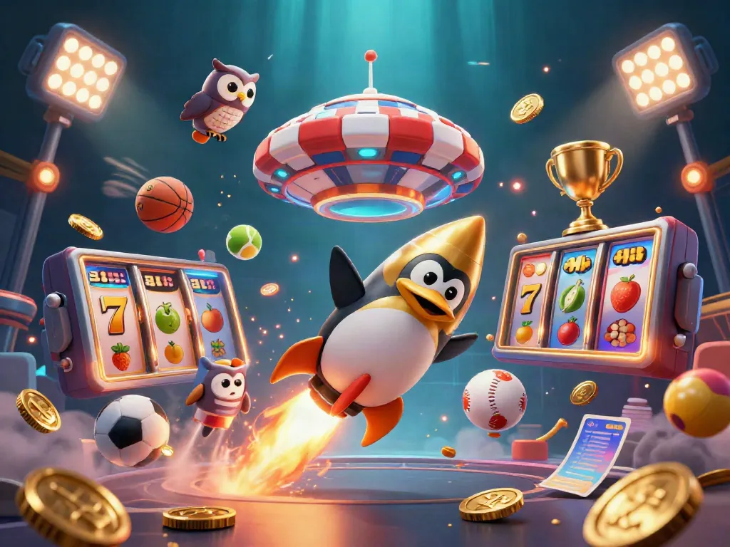 Experience the thrilling adventures of abc8 with a golden penguin racing towards a casino in a stunning space setting.