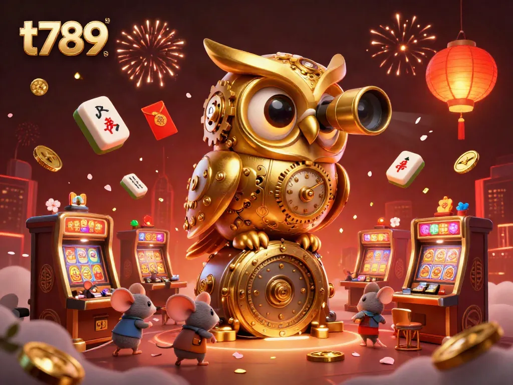 Experience excitement with t789 as a golden clockwork owl oversees an animated casino scene full of lively games.