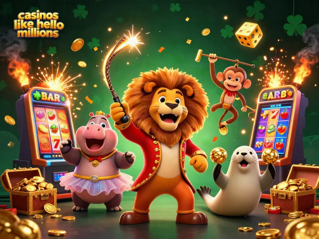 Experience casinos like hello millions with a vibrant scene of joyous characters and exciting slot machine elements.