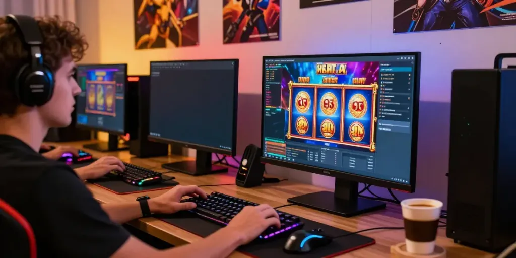 Player engaged in Slot MAHJONGJP88 game with vibrant visuals and gaming setup.