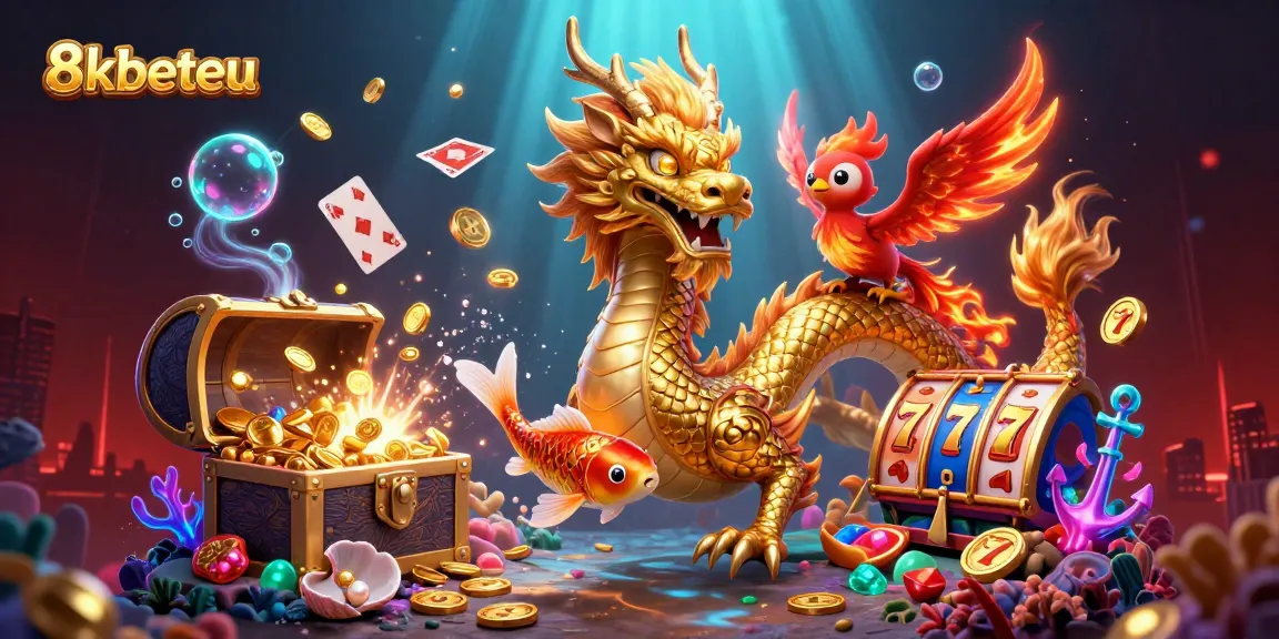 Elevate your gaming experience with 8xbeteu's stunning dragon and phoenix casino illustration, filled with vibrant elements.