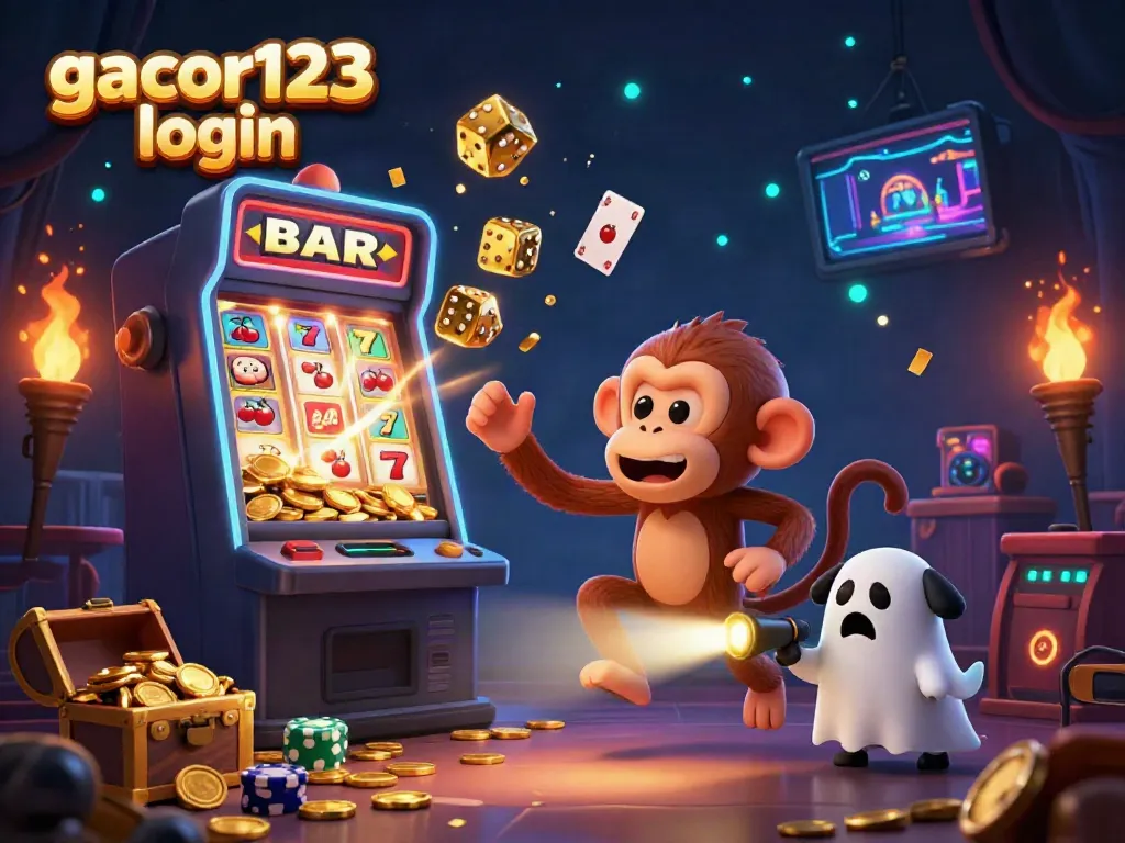 Engage in gameplay with gacor123 login surrounded by vibrant casino elements and a charismatic ghost-hunter puppy.
