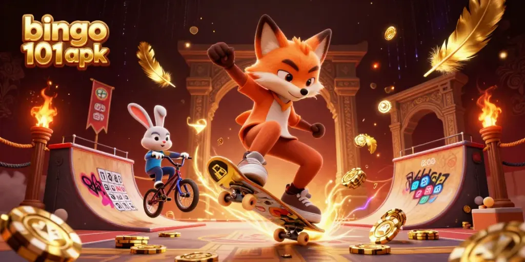 Jump into the fun with bingo 101 apk, featuring a vibrant fox and rabbit in a colorful casino scene.