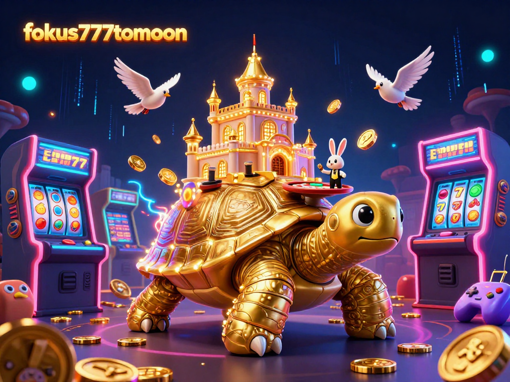 Experience the thrill of fokus777tomoon with a vibrant 3D casino scene featuring a golden tortoise and rabbit dealer.