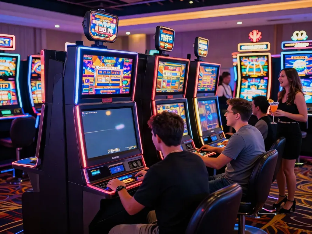 Players enjoying สล็อต at lively casino with vibrant lights.