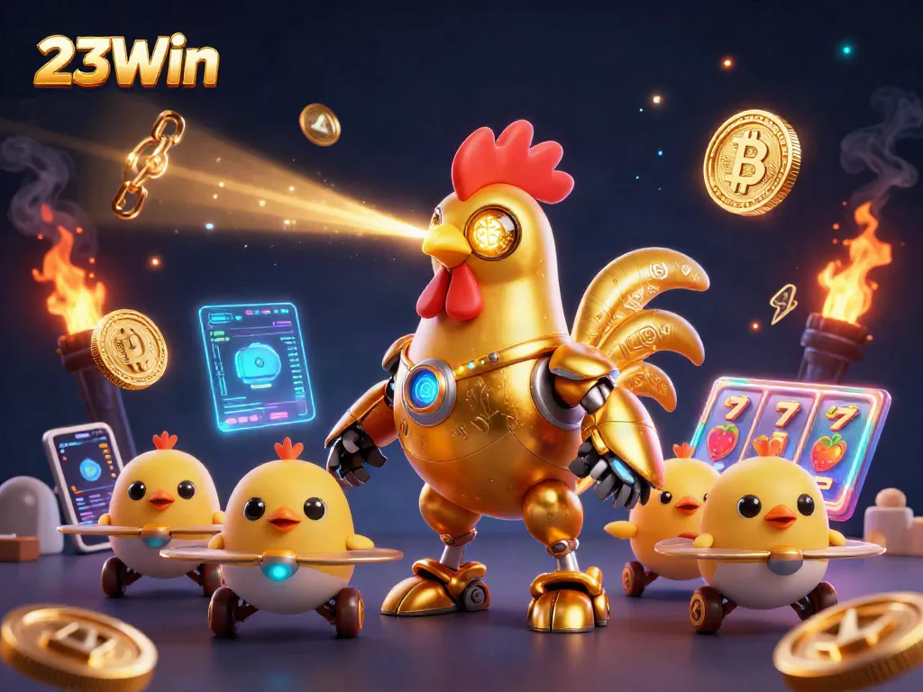 Engage with 23Win in this thrilling 3D casino scene featuring a golden rooster robot and baby chick drones.