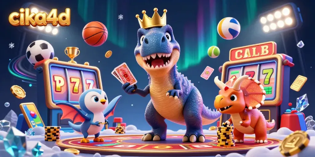Engage with cika4d's 3D casino scene featuring a T-Rex and friends playing card games.