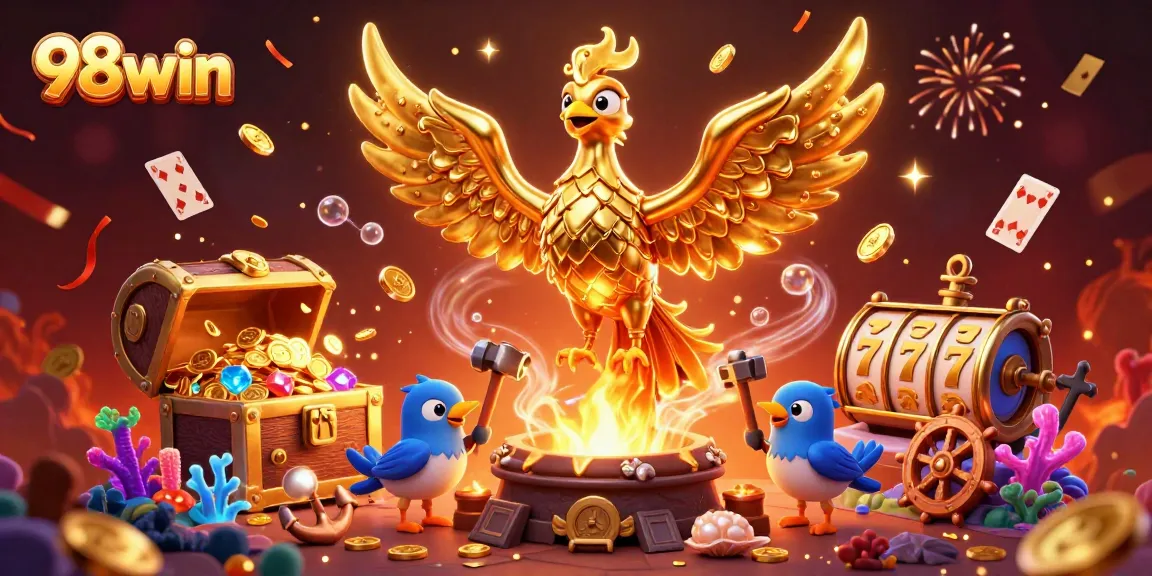 Win big at 98win casino featuring golden phoenix and explosive treasure elements.