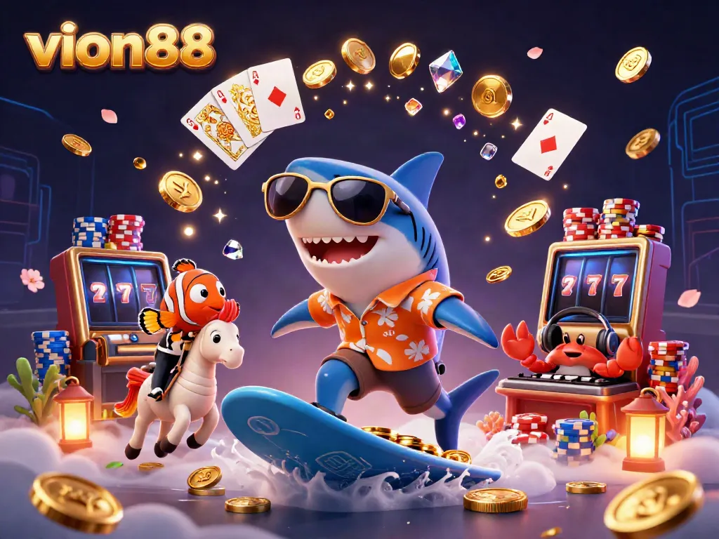Experience the excitement of vion88 with vibrant casino graphics featuring animated characters and glittering elements.