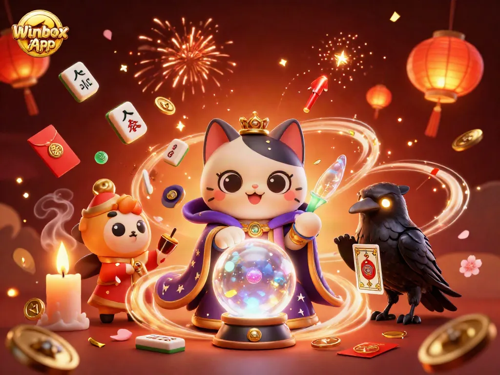 Engage with the Winbox App in vibrant 3D casino-themed illustration featuring mystical elements.
