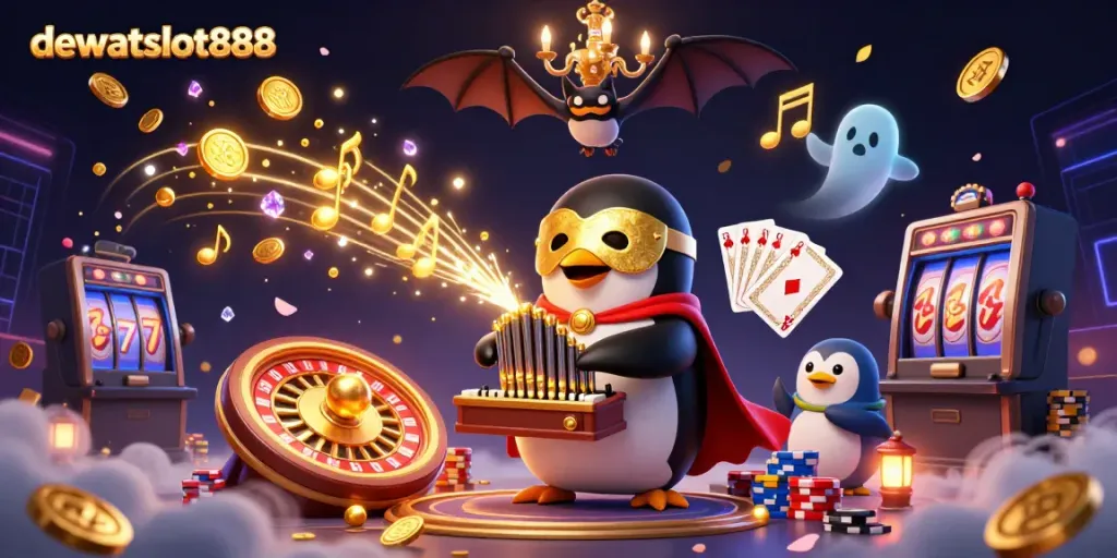 Permainan capsa susun di dewataslot888 menghadirkan penguin kartun bermain organ dengan koin emas jatuh di sekitarnya.
