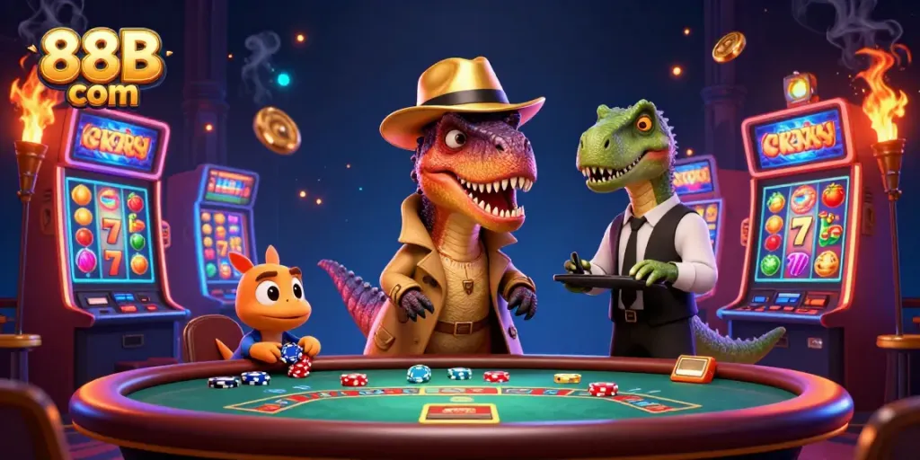 Experience thrilling gameplay at 88B com with our vibrant illustration of a casino scene involving a velociraptor and exciting slot machines.