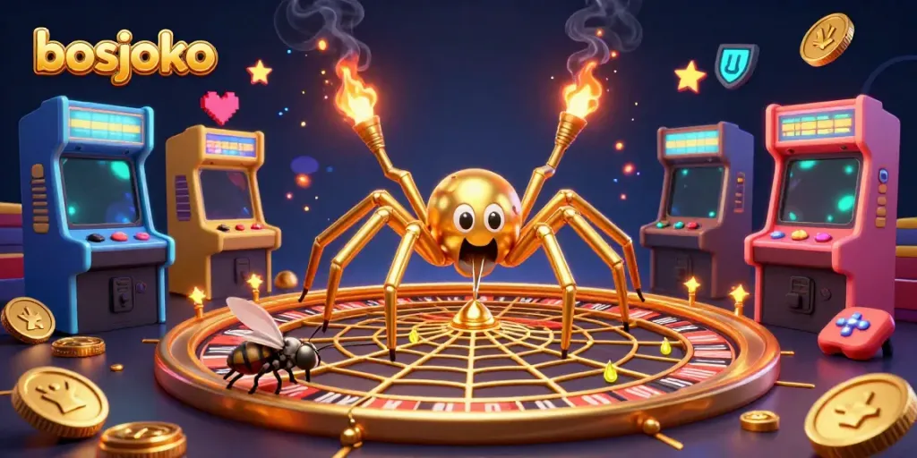 Experience thrilling gameplay with bosjoko's vibrant gaming scene, featuring a roulette wheel and colorful arcade elements.