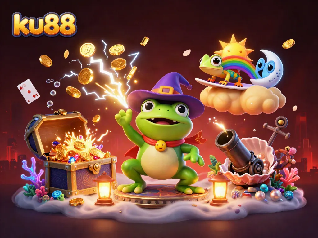 ku88 gaming illustration featuring a wizard frog, chameleon, and treasure elements creating excitement in a vibrant casino scene