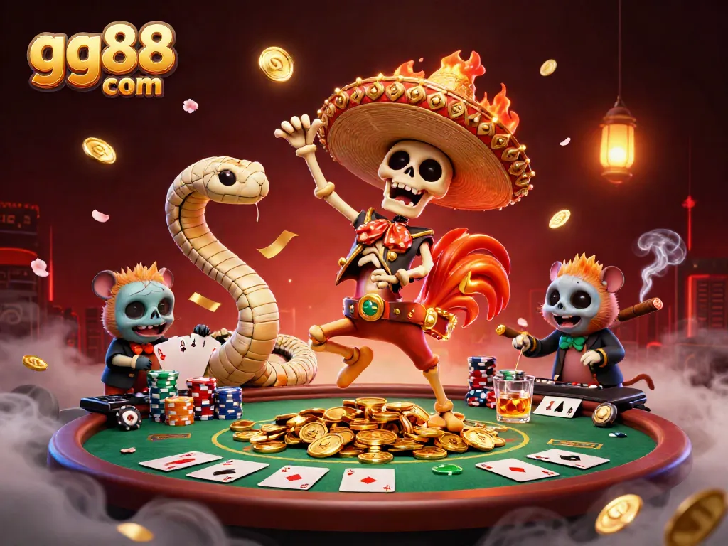 Experience fun and excitement with the gg88 com victory dance of a mariachi rooster surrounded by poker elements in this vibrant illustration.
