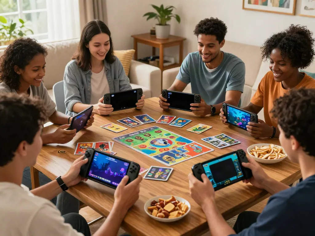 Adults enjoying Yono Games on their smartphones in a cozy living room, with vibrant game themes and snacks.