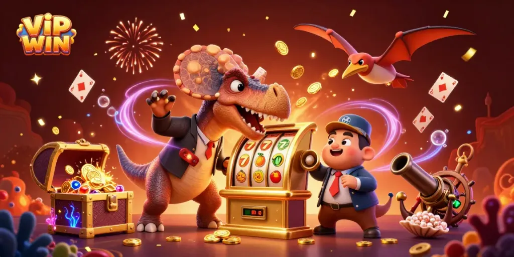 VIPWIN casino scene with a dinosaur winning a jackpot at a slot machine, capturing dynamic excitement.