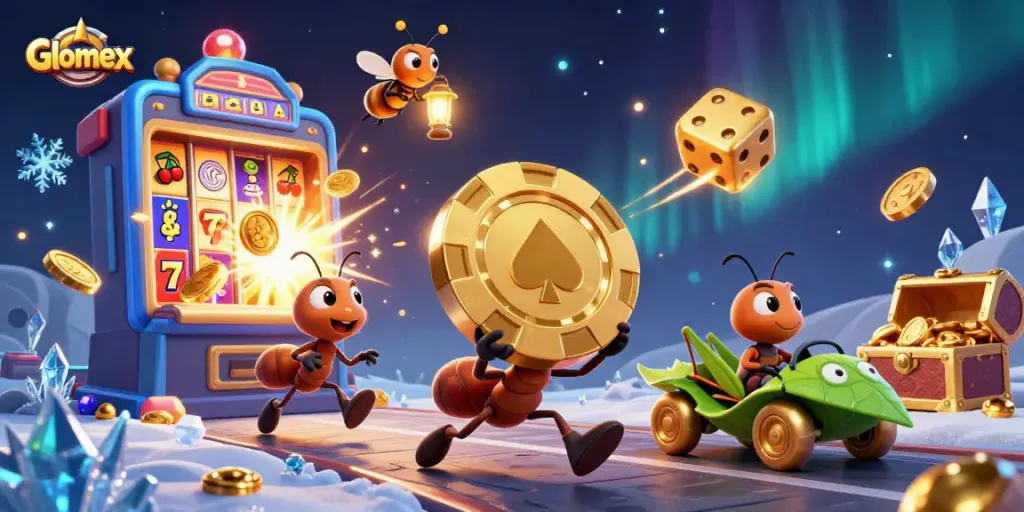 Engage in thrilling gaming action with Glomex by immersing in a vibrant casino heist scene featuring playful cartoon ants.