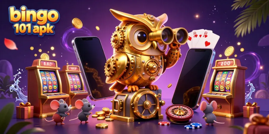 Bermain bingo 101 apk dengan antusiasme, dikelilingi oleh mata uang emas dan karakter menghibur.