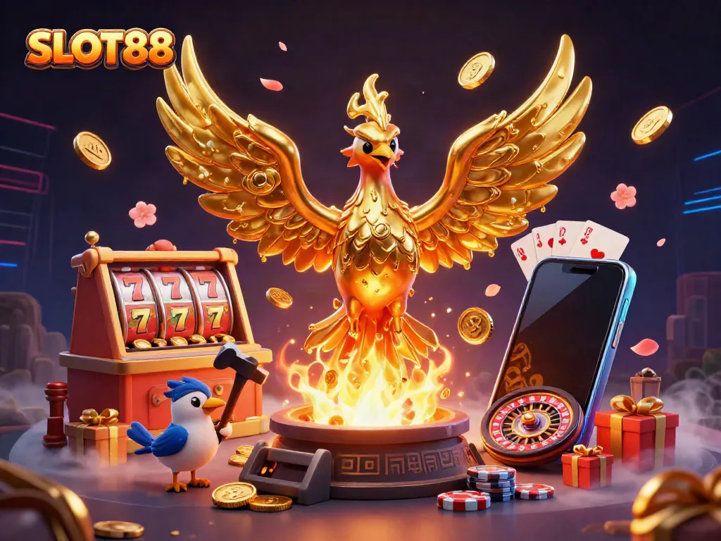 SLOT88 features a golden phoenix surrounded by slot game elements, enhancing casino excitement.