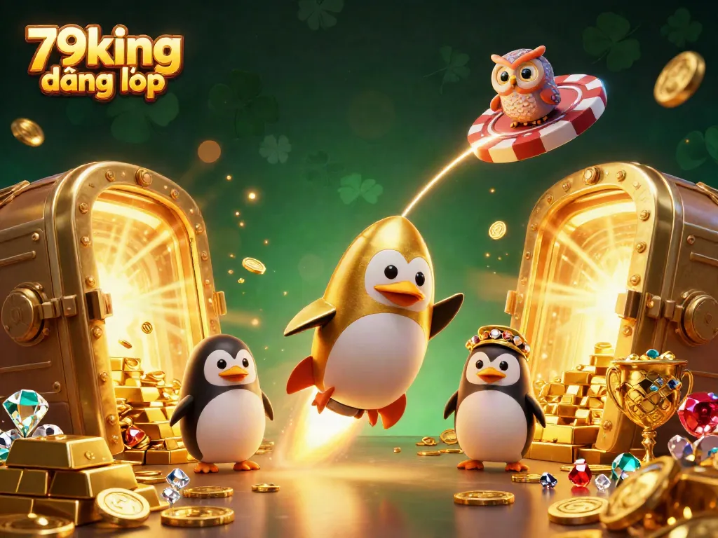 Experience fantastic adventures with 79king đăng nhập, featuring a whimsical cartoon penguin and vibrant casino elements.