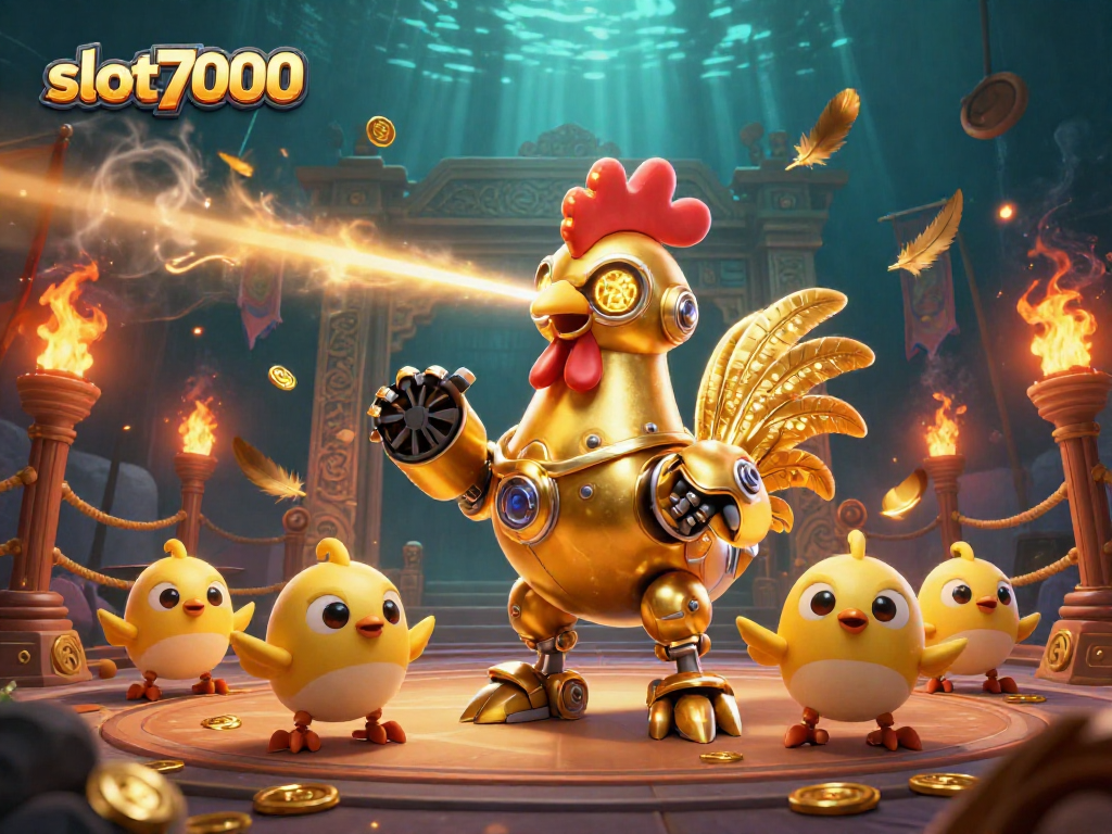 Slot7000 menghadirkan pengalaman berjudi yang menarik dengan karakter robot ayam emas yang menembakkan laser.