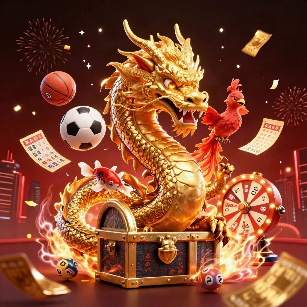 Golden dragon, phoenix, koi, lottery balls and sports balls burst through a luxe casino backdrop.