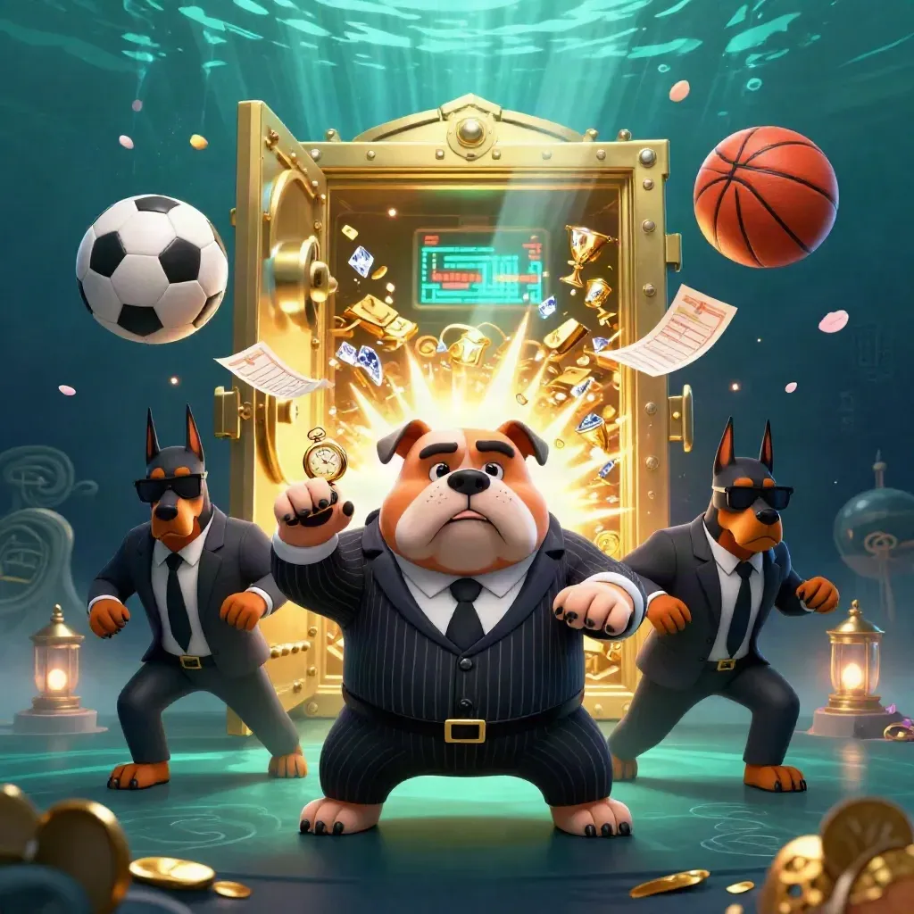 Cartoon bulldog boss and Dobermans amid exploding gold, balls, and a vault door.