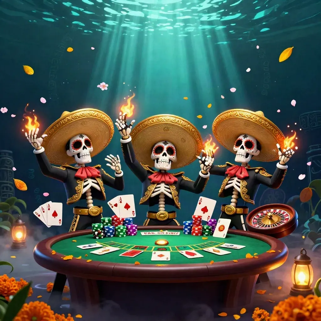 Skeleton mariachi trio amid casino table, chips, roulette wheel, and glowing underwater rays.