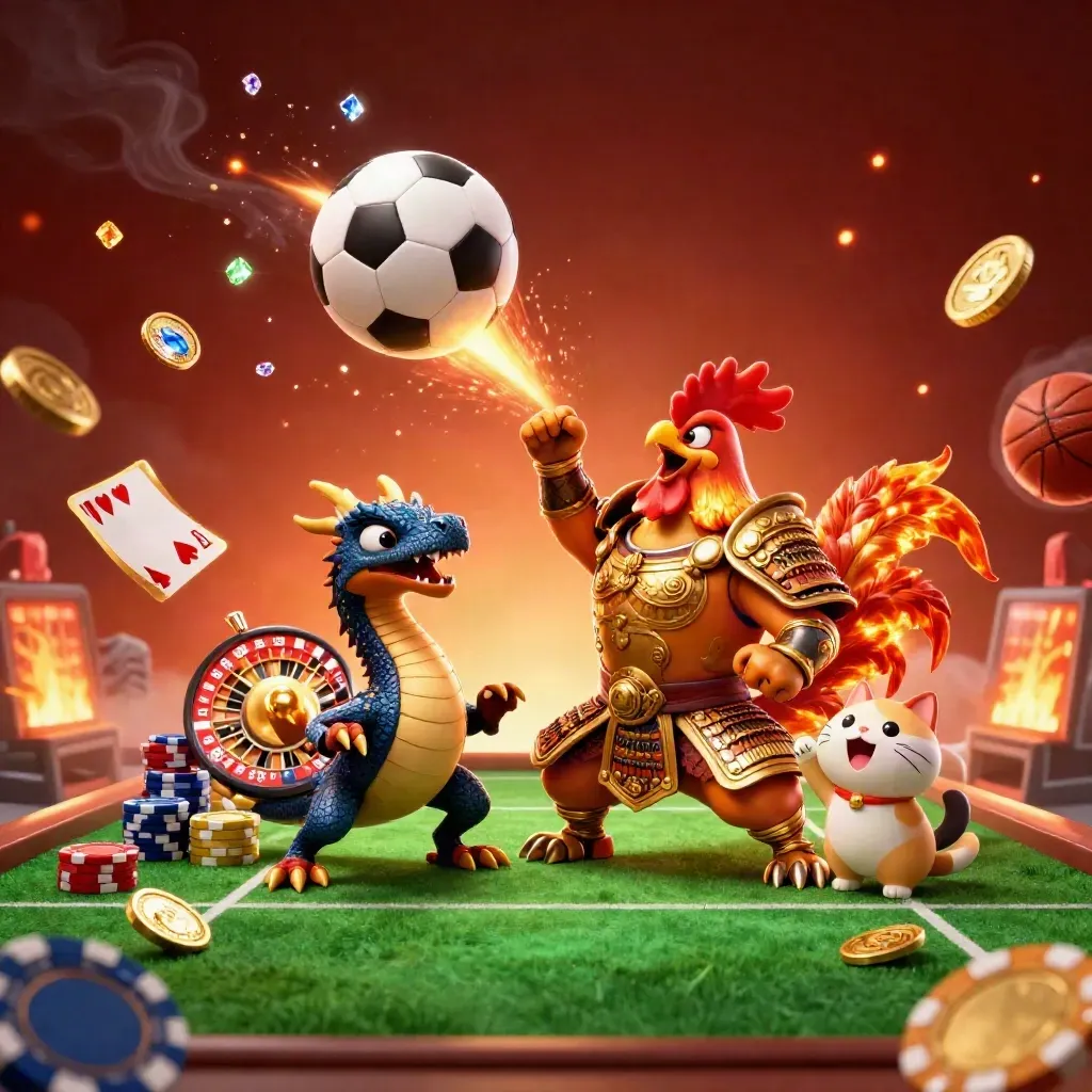 Rooster warrior, dragon hatchling, and fortune-cat explode with casino gold and a flying soccer ball.