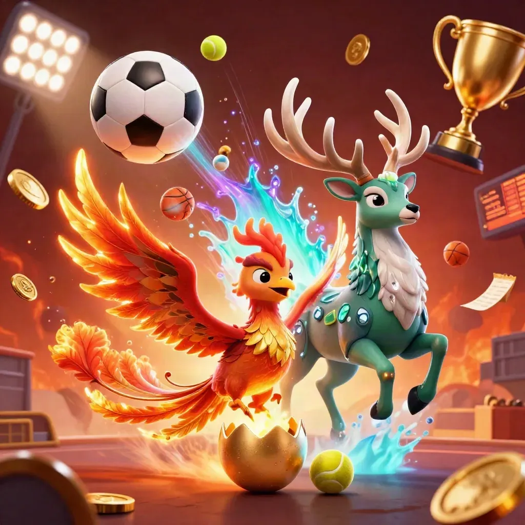 Fire phoenix, baby phoenix, and crystalline stag amid flying sports balls, gold, and dramatic casino lighting.