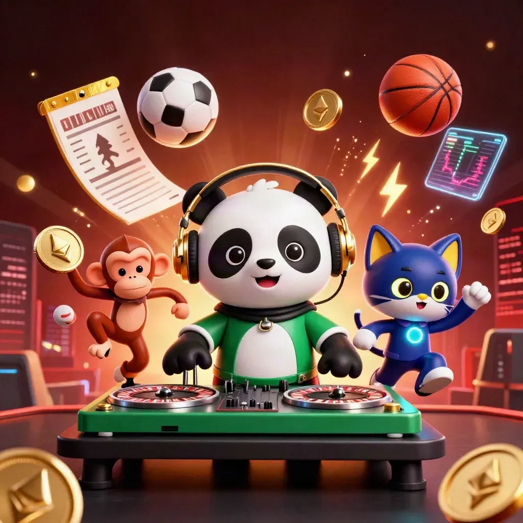 Cartoon panda, monkey, and kitten in a neon casino blast with coins, balls, and city lights.