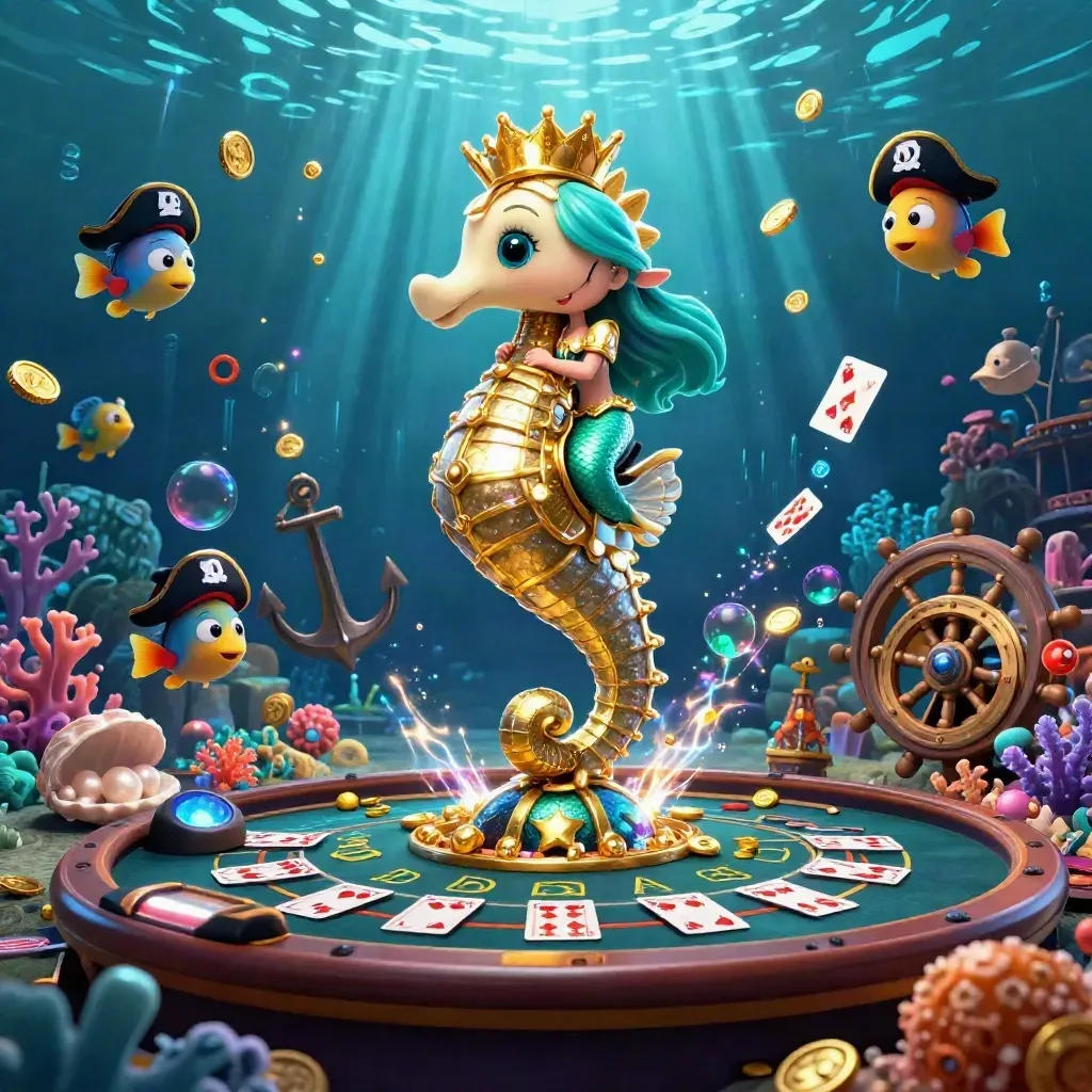 Mermaid princess on a golden seahorse in a neon underwater casino grotto with fish pirates and treasure