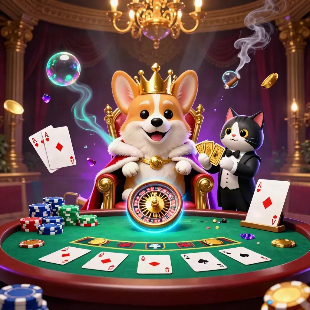 Royal corgi and cat butler in a luxe casino scene with chips, cards, roulette, brass, and chandelier glow