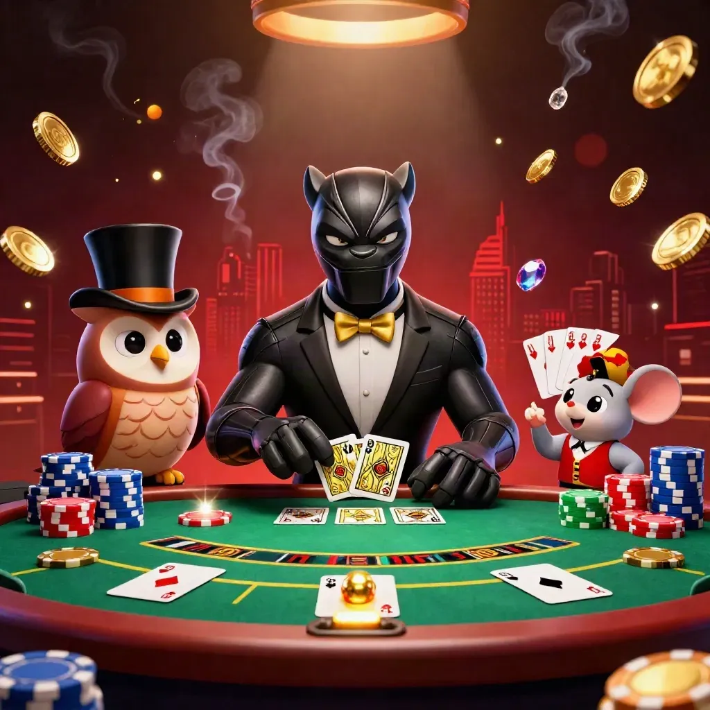 Panther, owl, and mouse in a luxury casino scene with coins, gems, roulette, and cards.