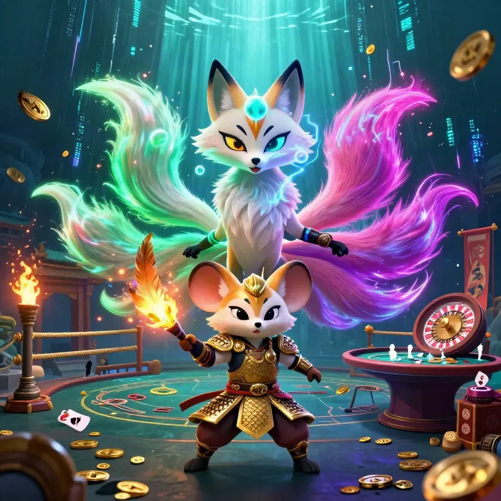 Neon fox spirit and armored mouse in a luxe casino scene with coins, temple gate, and glowing effects.