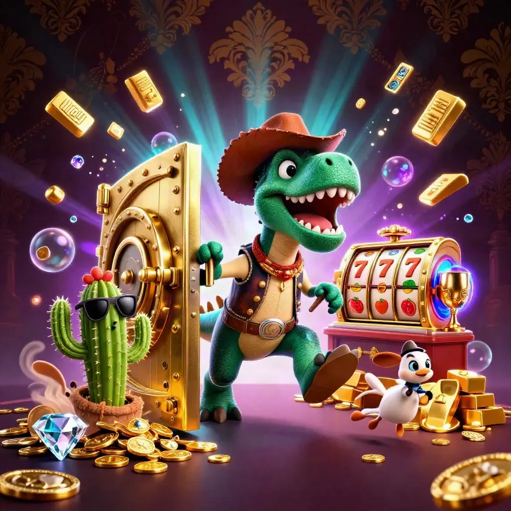 Cowboy T-Rex, cactus sidekick, and sheriff roadrunner burst from a golden vault with casino loot.