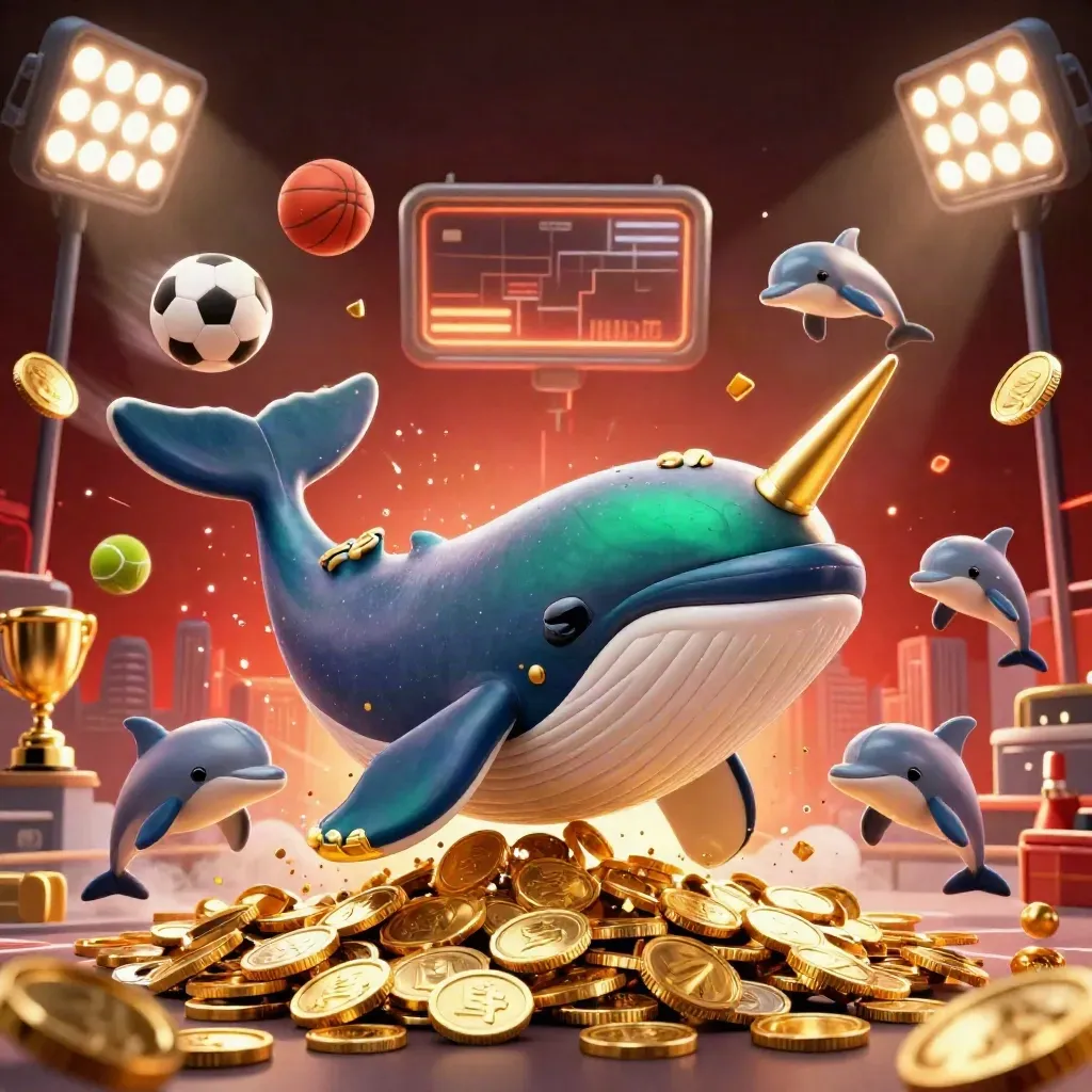 Whale captain, narwhal, and dolphins burst through coins under emerald stadium lights.