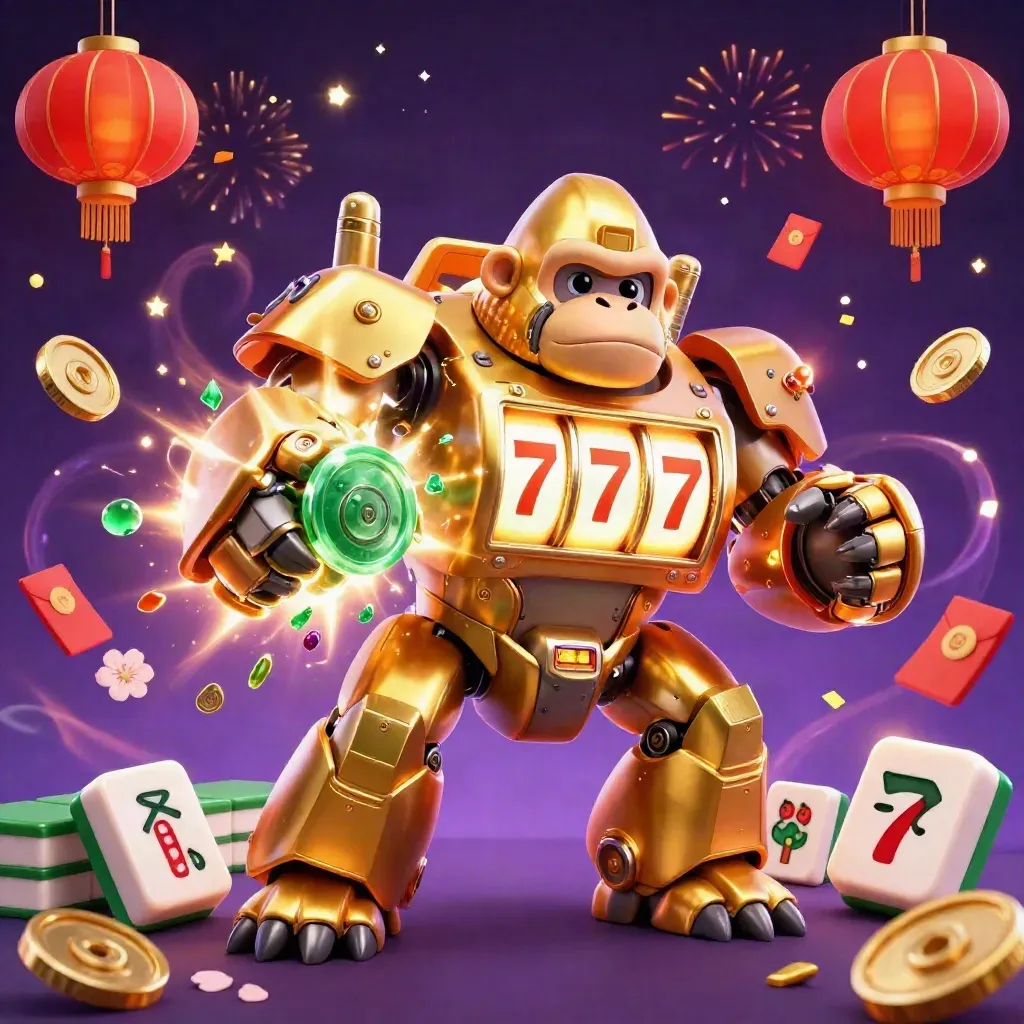 Golden gorilla mech with monkey pilot, reels, coins, lanterns, and fireworks in a luxe casino burst