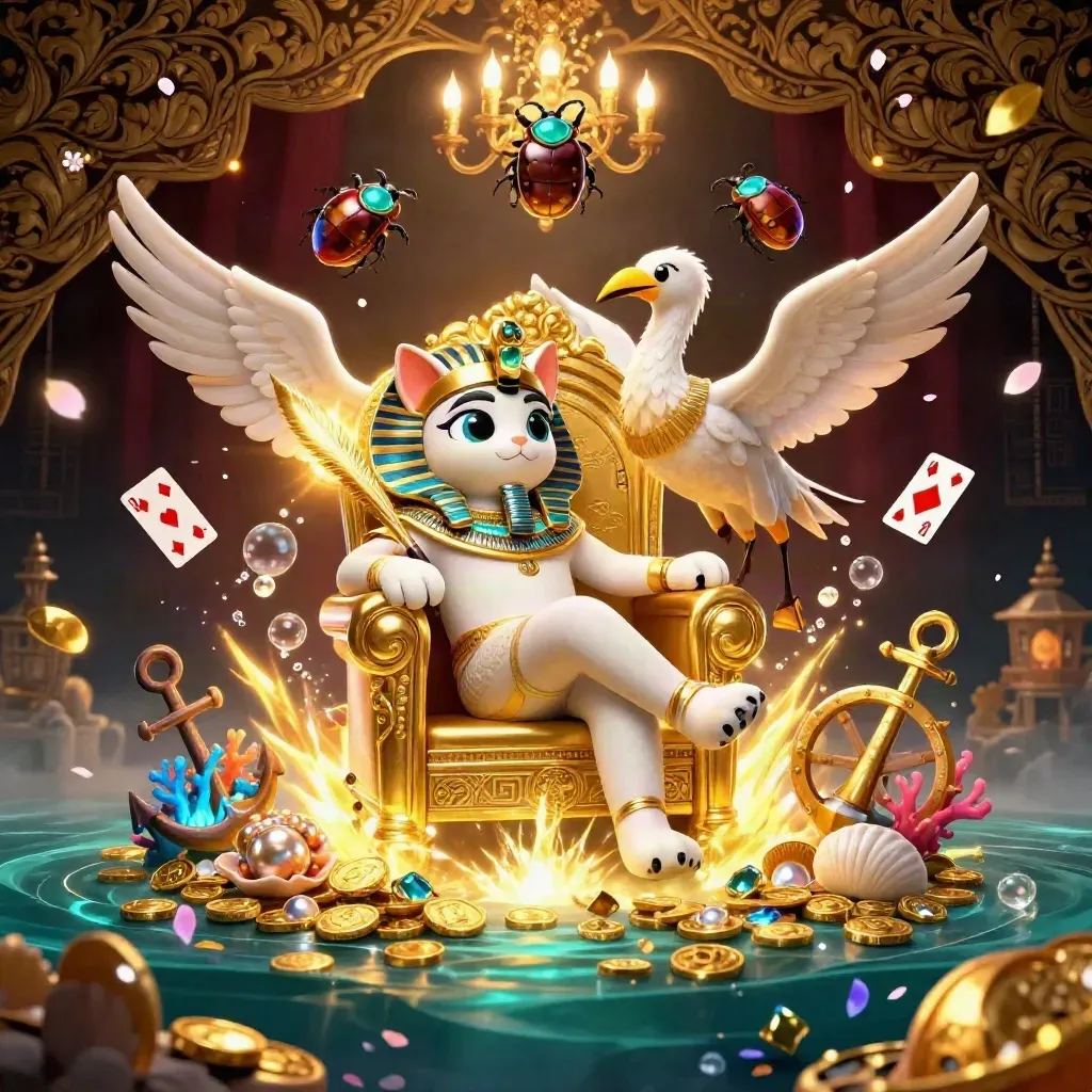 Pharaoh cat, ibis scribe, and gem-wing scarabs amid treasure, coral, and bubbles in luxe underwater darkness.
